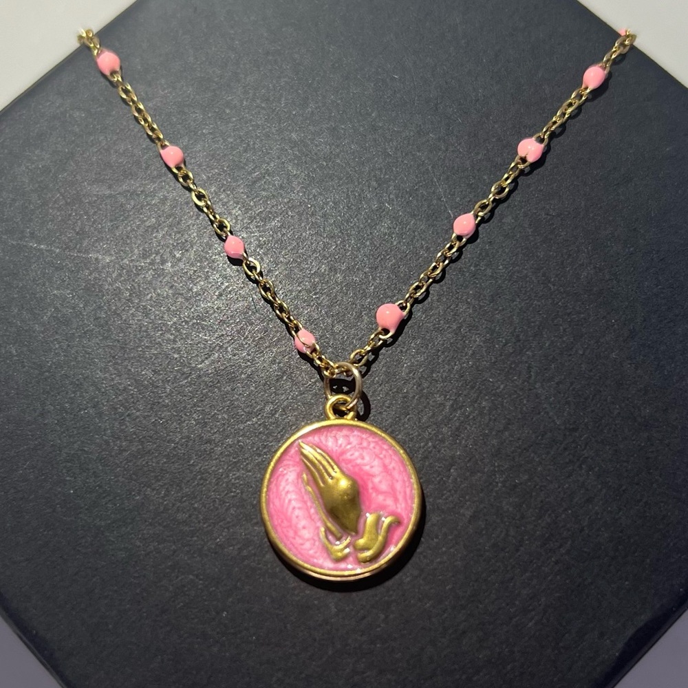 Prayer and Supplications Pink Enamel Praying Hands Necklace